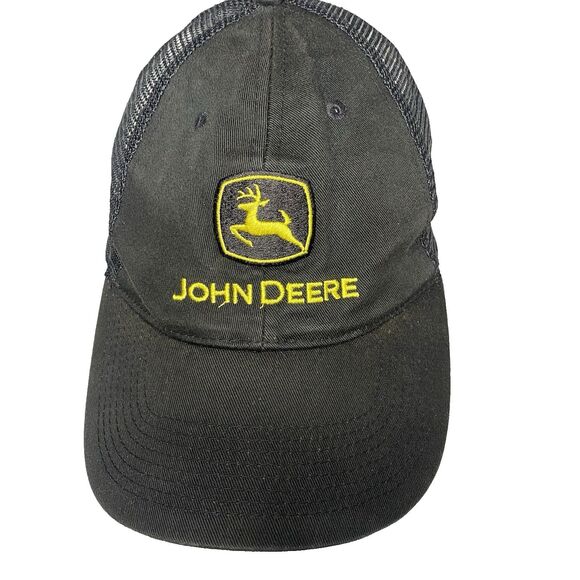John Deere Snapback Trucker Hat Cap Mesh Back Black Yellow Adjustable - Picture 1 of 6